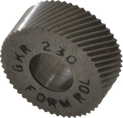 Made in USA - 5/8" Diam, 90° Tooth Angle, 30 TPI, Standard (Shape), Form Type High Speed Steel Right-Hand Diagonal Knurl Wheel - 1/4" Face Width, 1/4" Hole, Circular Pitch, 30° Helix, Bright Finish, Series GK - Exact Industrial Supply
