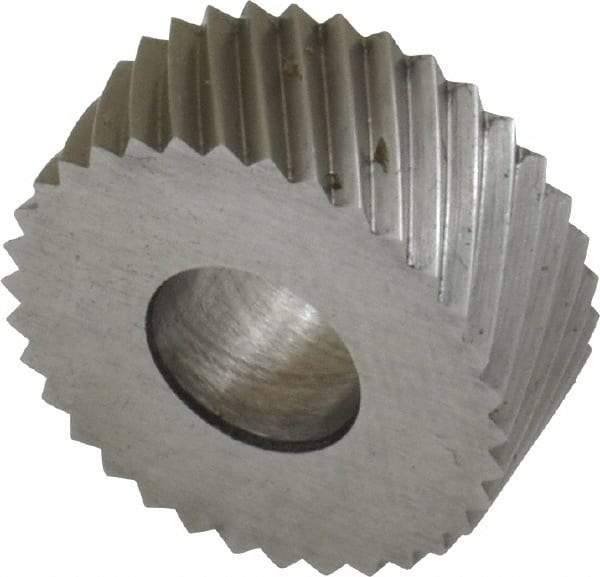 Made in USA - 5/8" Diam, 90° Tooth Angle, 20 TPI, Standard (Shape), Form Type High Speed Steel Left-Hand Diagonal Knurl Wheel - 1/4" Face Width, 1/4" Hole, Circular Pitch, 30° Helix, Bright Finish, Series GK - Exact Industrial Supply