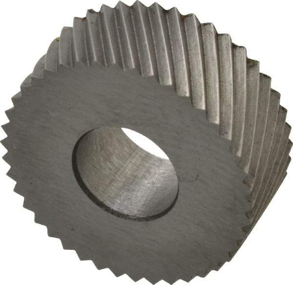 Made in USA - 5/8" Diam, 90° Tooth Angle, 25 TPI, Standard (Shape), Form Type High Speed Steel Left-Hand Diagonal Knurl Wheel - 1/4" Face Width, 1/4" Hole, Circular Pitch, 30° Helix, Bright Finish, Series GK - Exact Industrial Supply