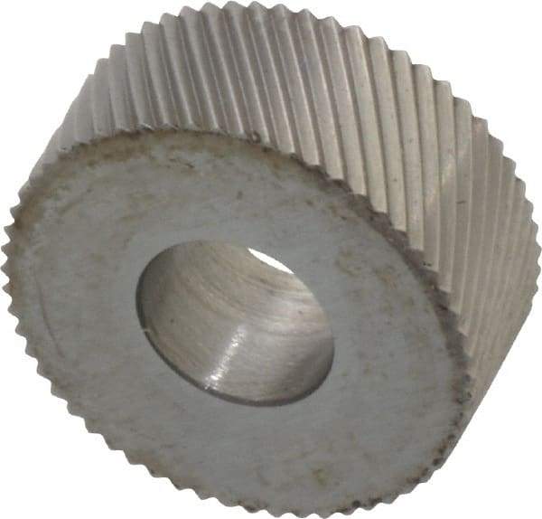 Made in USA - 5/8" Diam, 90° Tooth Angle, 35 TPI, Standard (Shape), Form Type High Speed Steel Left-Hand Diagonal Knurl Wheel - 1/4" Face Width, 1/4" Hole, Circular Pitch, 30° Helix, Bright Finish, Series GK - Exact Industrial Supply