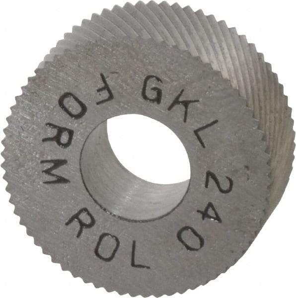 Made in USA - 5/8" Diam, 90° Tooth Angle, 40 TPI, Standard (Shape), Form Type High Speed Steel Left-Hand Diagonal Knurl Wheel - 1/4" Face Width, 1/4" Hole, Circular Pitch, 30° Helix, Bright Finish, Series GK - Exact Industrial Supply