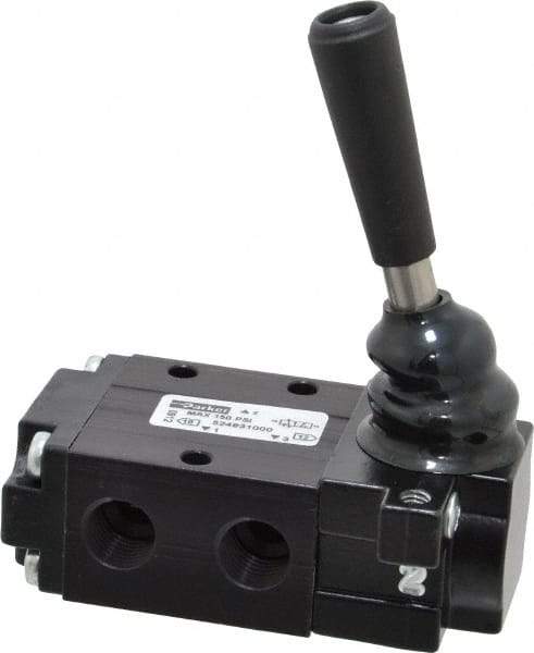 Parker - 0.83 CV Rate, 1/4" NPT Inlet Direct Air 4 Mechanical Spool Valve - 3 Way, 2 Position NC, 150 Max psi, Lever Manual Return - Exact Industrial Supply