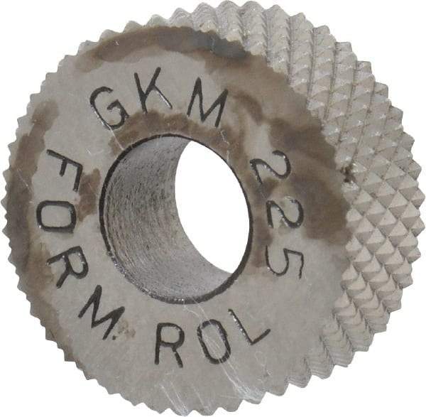 Made in USA - 5/8" Diam, 90° Tooth Angle, 25 TPI, Standard (Shape), Form Type High Speed Steel Male Diamond Knurl Wheel - 1/4" Face Width, 1/4" Hole, Circular Pitch, 30° Helix, Bright Finish, Series GK - Exact Industrial Supply