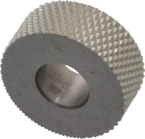 Made in USA - 5/8" Diam, 90° Tooth Angle, 30 TPI, Standard (Shape), Form Type High Speed Steel Male Diamond Knurl Wheel - 1/4" Face Width, 1/4" Hole, Circular Pitch, 30° Helix, Bright Finish, Series GK - Exact Industrial Supply