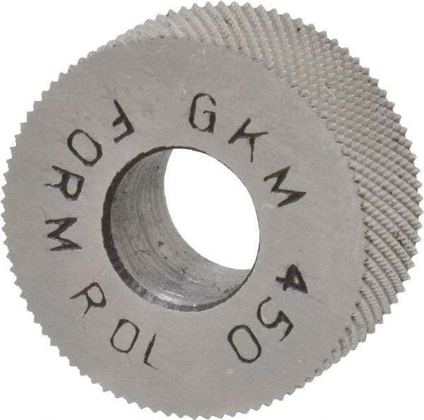 Made in USA - 5/8" Diam, 70° Tooth Angle, 50 TPI, Standard (Shape), Form Type High Speed Steel Male Diamond Knurl Wheel - 1/4" Face Width, 1/4" Hole, Circular Pitch, 30° Helix, Bright Finish, Series GK - Exact Industrial Supply