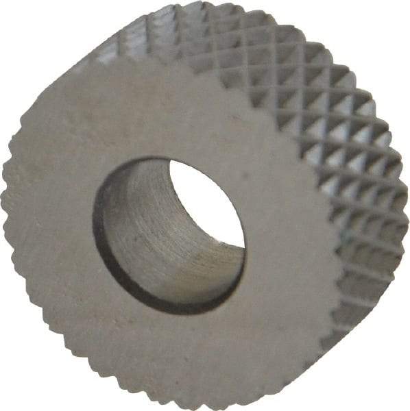 Made in USA - 5/8" Diam, 90° Tooth Angle, 20 TPI, Standard (Shape), Form Type High Speed Steel Female Diamond Knurl Wheel - 1/4" Face Width, 1/4" Hole, Circular Pitch, 30° Helix, Bright Finish, Series GK - Exact Industrial Supply