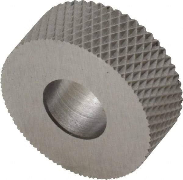 Made in USA - 5/8" Diam, 90° Tooth Angle, 30 TPI, Standard (Shape), Form Type High Speed Steel Female Diamond Knurl Wheel - 1/4" Face Width, 1/4" Hole, Circular Pitch, 30° Helix, Bright Finish, Series GK - Exact Industrial Supply