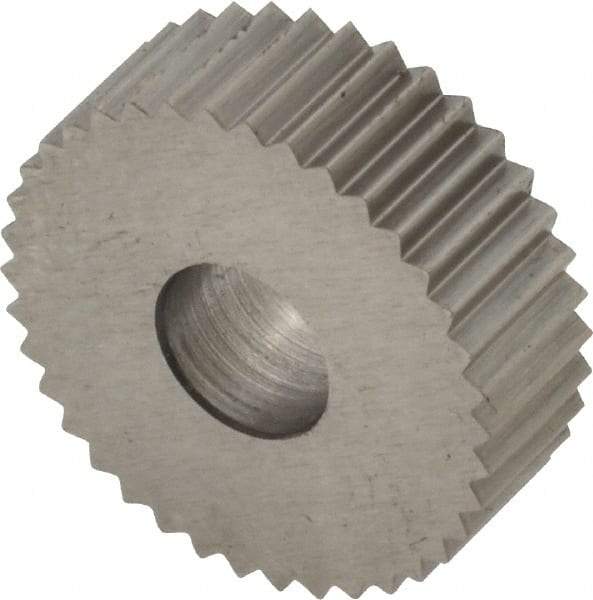 Made in USA - 3/4" Diam, 90° Tooth Angle, 16 TPI, Standard (Shape), Form Type High Speed Steel Straight Knurl Wheel - 1/4" Face Width, 1/4" Hole, Circular Pitch, Bright Finish, Series KN - Exact Industrial Supply