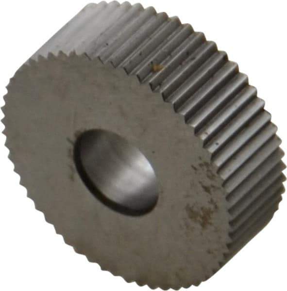 Made in USA - 3/4" Diam, 90° Tooth Angle, 24 TPI, Standard (Shape), Form Type High Speed Steel Straight Knurl Wheel - 1/4" Face Width, 1/4" Hole, Circular Pitch, Bright Finish, Series KN - Exact Industrial Supply