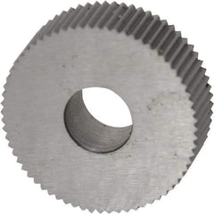 Made in USA - 3/4" Diam, 90° Tooth Angle, 29 TPI, Standard (Shape), Form Type High Speed Steel Straight Knurl Wheel - 1/4" Face Width, 1/4" Hole, Circular Pitch, Bright Finish, Series KN - Exact Industrial Supply