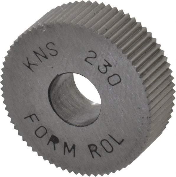 Made in USA - 3/4" Diam, 90° Tooth Angle, 30 TPI, Standard (Shape), Form Type High Speed Steel Straight Knurl Wheel - 1/4" Face Width, 1/4" Hole, Circular Pitch, Bright Finish, Series KN - Exact Industrial Supply