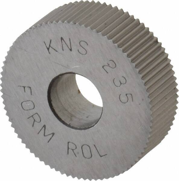 Made in USA - 3/4" Diam, 90° Tooth Angle, 35 TPI, Standard (Shape), Form Type High Speed Steel Straight Knurl Wheel - 1/4" Face Width, 1/4" Hole, Circular Pitch, Bright Finish, Series KN - Exact Industrial Supply