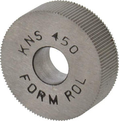 Made in USA - 3/4" Diam, 70° Tooth Angle, 50 TPI, Standard (Shape), Form Type High Speed Steel Straight Knurl Wheel - 1/4" Face Width, 1/4" Hole, Circular Pitch, Bright Finish, Series KN - Exact Industrial Supply