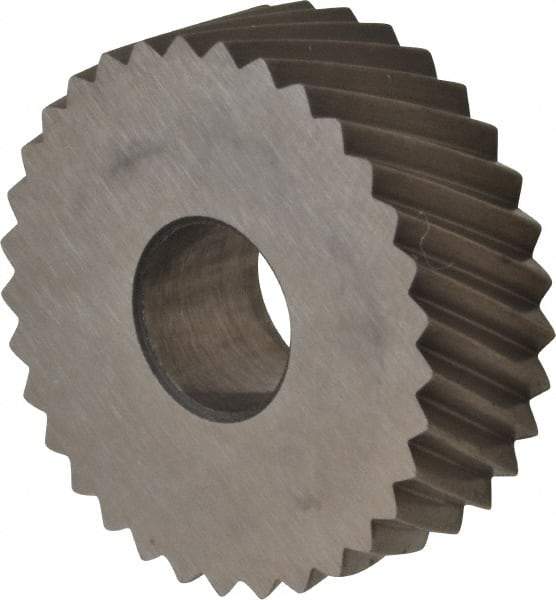 Made in USA - 3/4" Diam, 90° Tooth Angle, 16 TPI, Standard (Shape), Form Type High Speed Steel Right-Hand Diagonal Knurl Wheel - 1/4" Face Width, 1/4" Hole, Circular Pitch, 30° Helix, Bright Finish, Series KN - Exact Industrial Supply