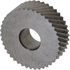 Made in USA - 3/4" Diam, 90° Tooth Angle, 20 TPI, Standard (Shape), Form Type High Speed Steel Right-Hand Diagonal Knurl Wheel - 1/4" Face Width, 1/4" Hole, Circular Pitch, 30° Helix, Bright Finish, Series KN - Exact Industrial Supply