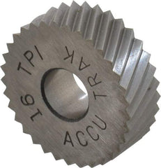 Made in USA - 3/4" Diam, 90° Tooth Angle, 16 TPI, Standard (Shape), Form Type High Speed Steel Left-Hand Diagonal Knurl Wheel - 1/4" Face Width, 1/4" Hole, Circular Pitch, 30° Helix, Bright Finish, Series KN - Exact Industrial Supply