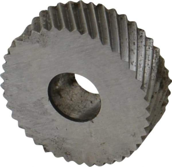 Made in USA - 3/4" Diam, 90° Tooth Angle, 20 TPI, Standard (Shape), Form Type High Speed Steel Left-Hand Diagonal Knurl Wheel - 1/4" Face Width, 1/4" Hole, Circular Pitch, 30° Helix, Bright Finish, Series KN - Exact Industrial Supply