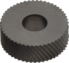 Made in USA - 3/4" Diam, 90° Tooth Angle, 25 TPI, Standard (Shape), Form Type High Speed Steel Left-Hand Diagonal Knurl Wheel - 1/4" Face Width, 1/4" Hole, Circular Pitch, 30° Helix, Bright Finish, Series KN - Exact Industrial Supply