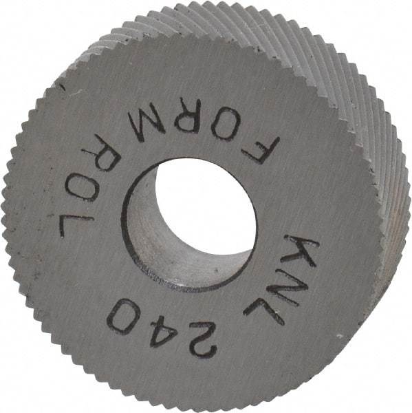 Made in USA - 3/4" Diam, 90° Tooth Angle, 40 TPI, Standard (Shape), Form Type High Speed Steel Left-Hand Diagonal Knurl Wheel - 1/4" Face Width, 1/4" Hole, Circular Pitch, 30° Helix, Bright Finish, Series KN - Exact Industrial Supply