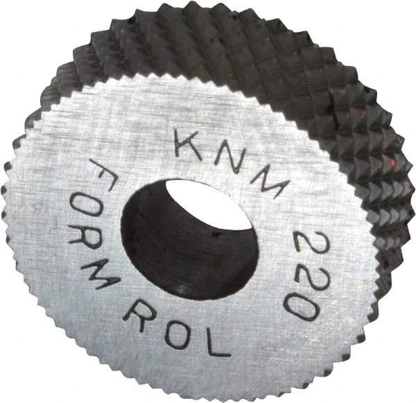 Made in USA - 3/4" Diam, 90° Tooth Angle, 20 TPI, Standard (Shape), Form Type High Speed Steel Male Diamond Knurl Wheel - 1/4" Face Width, 1/4" Hole, Circular Pitch, 30° Helix, Bright Finish, Series KN - Exact Industrial Supply