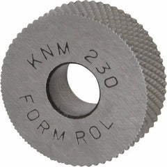 Made in USA - 3/4" Diam, 90° Tooth Angle, 30 TPI, Standard (Shape), Form Type High Speed Steel Male Diamond Knurl Wheel - 1/4" Face Width, 1/4" Hole, Circular Pitch, 30° Helix, Bright Finish, Series KN - Exact Industrial Supply