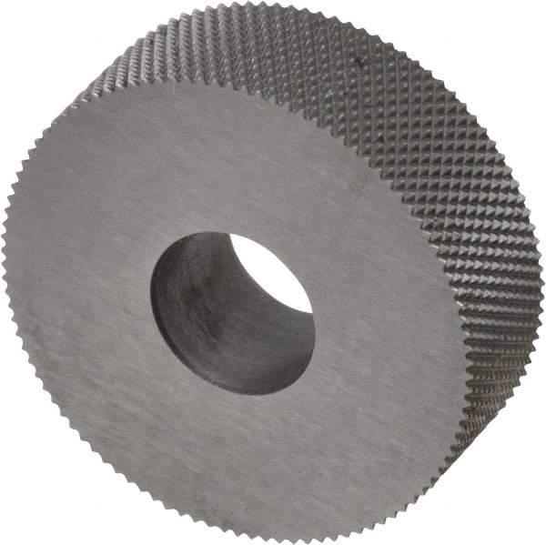 Made in USA - 3/4" Diam, 70° Tooth Angle, 50 TPI, Standard (Shape), Form Type High Speed Steel Male Diamond Knurl Wheel - 1/4" Face Width, 1/4" Hole, Circular Pitch, 30° Helix, Bright Finish, Series KN - Exact Industrial Supply