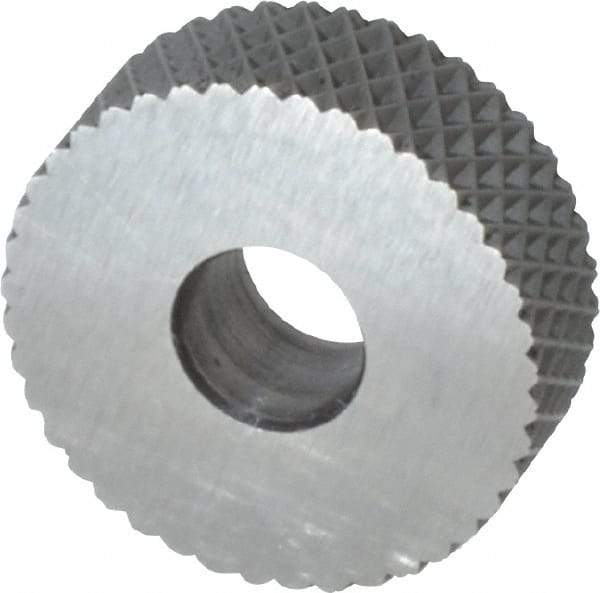 Made in USA - 3/4" Diam, 90° Tooth Angle, 20 TPI, Standard (Shape), Form Type High Speed Steel Female Diamond Knurl Wheel - 1/4" Face Width, 1/4" Hole, Circular Pitch, 30° Helix, Bright Finish, Series KN - Exact Industrial Supply