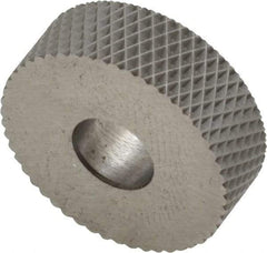 Made in USA - 3/4" Diam, 90° Tooth Angle, 25 TPI, Standard (Shape), Form Type High Speed Steel Female Diamond Knurl Wheel - 1/4" Face Width, 1/4" Hole, Circular Pitch, 30° Helix, Bright Finish, Series KN - Exact Industrial Supply