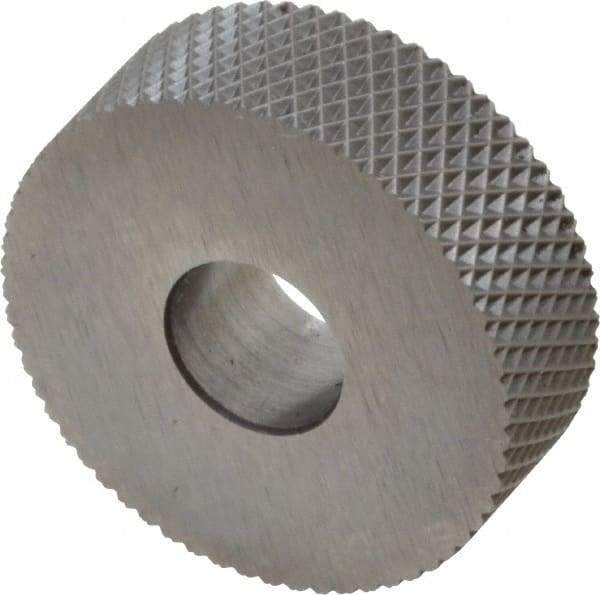 Made in USA - 3/4" Diam, 90° Tooth Angle, 30 TPI, Standard (Shape), Form Type High Speed Steel Female Diamond Knurl Wheel - 1/4" Face Width, 1/4" Hole, Circular Pitch, 30° Helix, Bright Finish, Series KN - Exact Industrial Supply