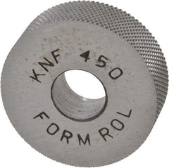 Made in USA - 3/4" Diam, 70° Tooth Angle, 50 TPI, Standard (Shape), Form Type High Speed Steel Female Diamond Knurl Wheel - 1/4" Face Width, 1/4" Hole, Circular Pitch, 30° Helix, Bright Finish, Series KN - Exact Industrial Supply