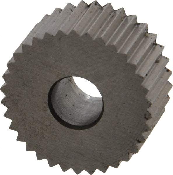 Made in USA - 3/4" Diam, 90° Tooth Angle, 14 TPI, Standard (Shape), Form Type High Speed Steel Straight Knurl Wheel - 3/8" Face Width, 1/4" Hole, Circular Pitch, Bright Finish, Series KP - Exact Industrial Supply