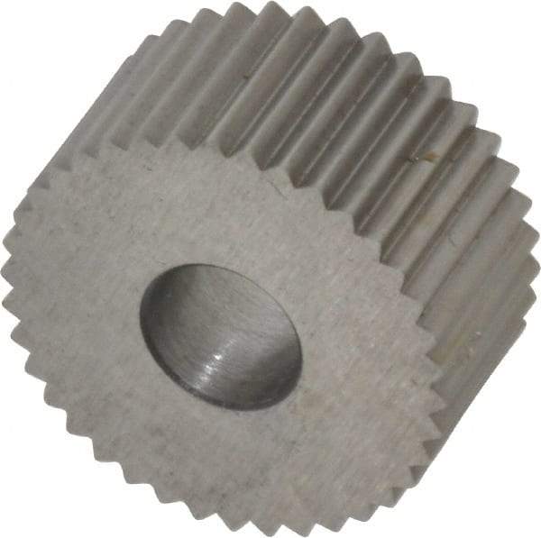 Made in USA - 3/4" Diam, 90° Tooth Angle, 16 TPI, Standard (Shape), Form Type High Speed Steel Straight Knurl Wheel - 3/8" Face Width, 1/4" Hole, Circular Pitch, Bright Finish, Series KP - Exact Industrial Supply