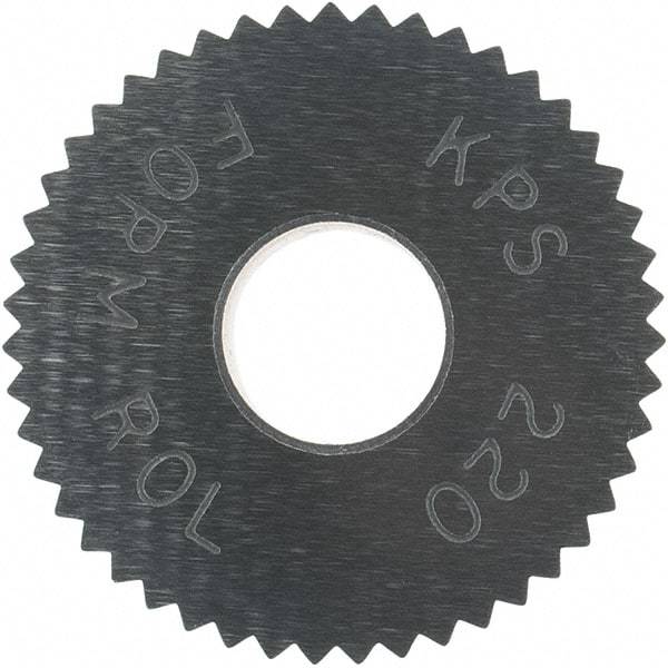 Made in USA - 3/4" Diam, 90° Tooth Angle, 20 TPI, Standard (Shape), Form Type High Speed Steel Straight Knurl Wheel - 3/8" Face Width, 1/4" Hole, Circular Pitch, Bright Finish, Series KP - Exact Industrial Supply