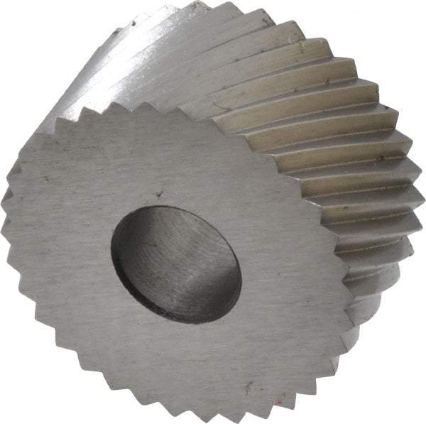 Made in USA - 3/4" Diam, 90° Tooth Angle, 14 TPI, Standard (Shape), Form Type High Speed Steel Right-Hand Diagonal Knurl Wheel - 3/8" Face Width, 1/4" Hole, Circular Pitch, 30° Helix, Bright Finish, Series KP - Exact Industrial Supply