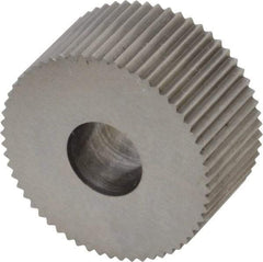 Made in USA - 3/4" Diam, 90° Tooth Angle, 25 TPI, Standard (Shape), Form Type High Speed Steel Straight Knurl Wheel - 3/8" Face Width, 1/4" Hole, Circular Pitch, Bright Finish, Series KP - Exact Industrial Supply