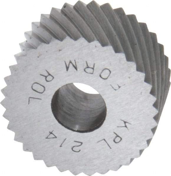 Made in USA - 3/4" Diam, 90° Tooth Angle, 14 TPI, Standard (Shape), Form Type High Speed Steel Left-Hand Diagonal Knurl Wheel - 3/8" Face Width, 1/4" Hole, Circular Pitch, 30° Helix, Bright Finish, Series KP - Exact Industrial Supply