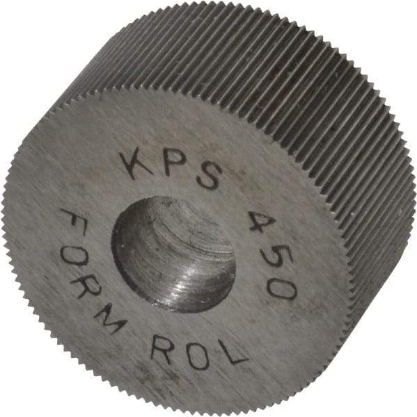 Made in USA - 3/4" Diam, 70° Tooth Angle, 50 TPI, Standard (Shape), Form Type High Speed Steel Straight Knurl Wheel - 3/8" Face Width, 1/4" Hole, Circular Pitch, Bright Finish, Series KP - Exact Industrial Supply