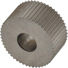 Made in USA - 3/4" Diam, 90° Tooth Angle, 21 TPI, Standard (Shape), Form Type High Speed Steel Straight Knurl Wheel - 3/8" Face Width, 1/4" Hole, Circular Pitch, Bright Finish, Series KP - Exact Industrial Supply