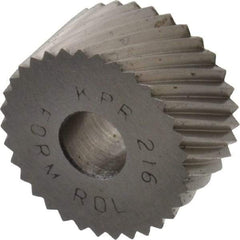 Made in USA - 3/4" Diam, 90° Tooth Angle, 16 TPI, Standard (Shape), Form Type High Speed Steel Right-Hand Diagonal Knurl Wheel - 3/8" Face Width, 1/4" Hole, Circular Pitch, 30° Helix, Bright Finish, Series KP - Exact Industrial Supply