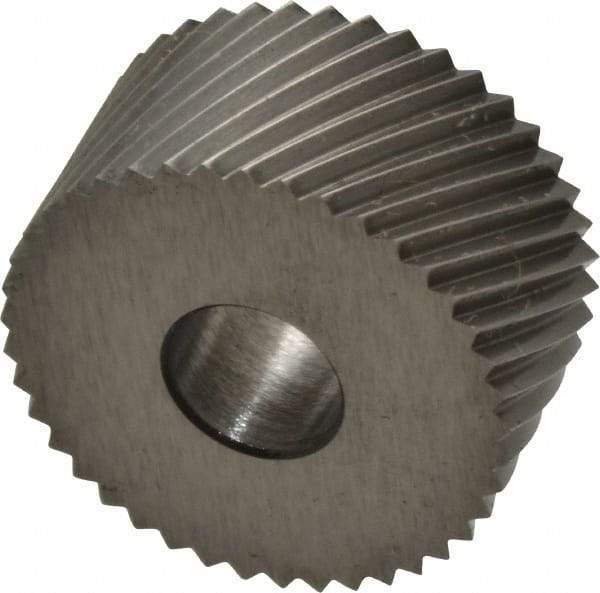 Made in USA - 3/4" Diam, 90° Tooth Angle, 20 TPI, Standard (Shape), Form Type High Speed Steel Right-Hand Diagonal Knurl Wheel - 3/8" Face Width, 1/4" Hole, Circular Pitch, 30° Helix, Bright Finish, Series KP - Exact Industrial Supply