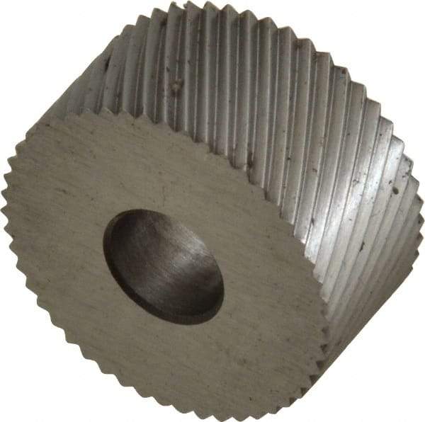Made in USA - 3/4" Diam, 90° Tooth Angle, 21 TPI, Standard (Shape), Form Type High Speed Steel Left-Hand Diagonal Knurl Wheel - 3/8" Face Width, 1/4" Hole, Circular Pitch, 30° Helix, Bright Finish, Series KP - Exact Industrial Supply