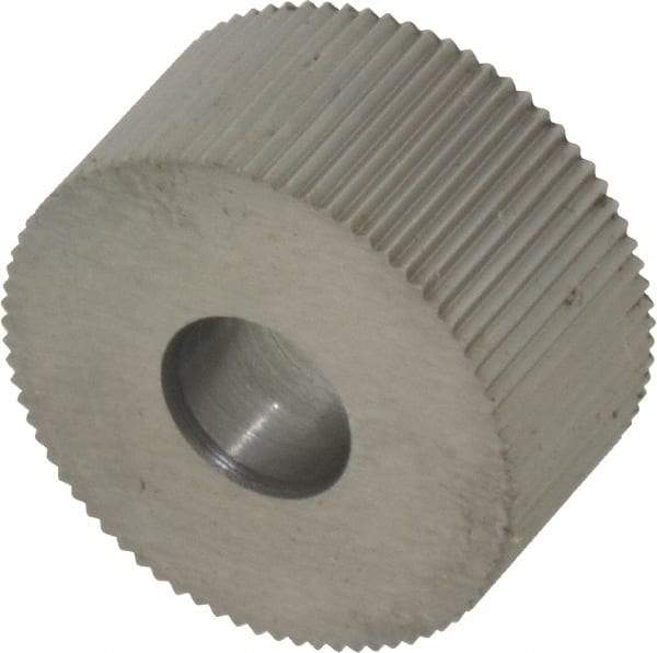 Made in USA - 3/4" Diam, 90° Tooth Angle, 33 TPI, Standard (Shape), Form Type High Speed Steel Straight Knurl Wheel - 3/8" Face Width, 1/4" Hole, Circular Pitch, Bright Finish, Series KP - Exact Industrial Supply