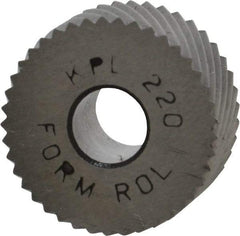 Made in USA - 3/4" Diam, 90° Tooth Angle, 20 TPI, Standard (Shape), Form Type High Speed Steel Left-Hand Diagonal Knurl Wheel - 3/8" Face Width, 1/4" Hole, Circular Pitch, 30° Helix, Bright Finish, Series KP - Exact Industrial Supply