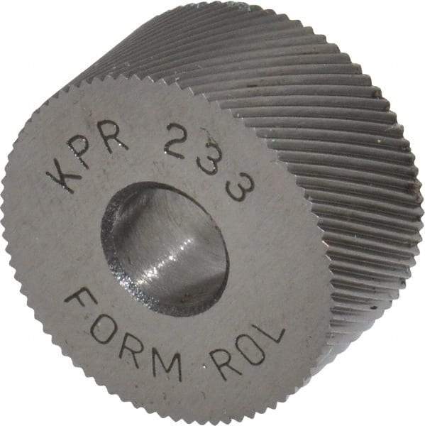 Made in USA - 3/4" Diam, 90° Tooth Angle, 33 TPI, Standard (Shape), Form Type High Speed Steel Right-Hand Diagonal Knurl Wheel - 3/8" Face Width, 1/4" Hole, Circular Pitch, 30° Helix, Bright Finish, Series KP - Exact Industrial Supply