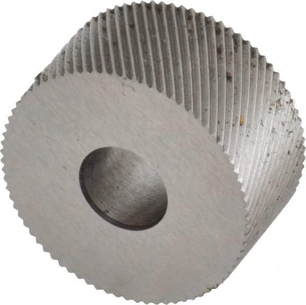 Made in USA - 3/4" Diam, 90° Tooth Angle, 33 TPI, Standard (Shape), Form Type High Speed Steel Left-Hand Diagonal Knurl Wheel - 3/8" Face Width, 1/4" Hole, Circular Pitch, 30° Helix, Bright Finish, Series KP - Exact Industrial Supply