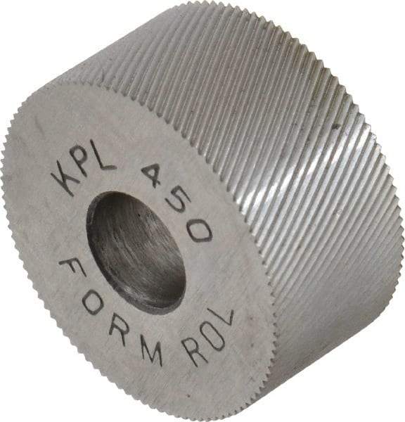 Made in USA - 3/4" Diam, 70° Tooth Angle, 50 TPI, Standard (Shape), Form Type High Speed Steel Left-Hand Diagonal Knurl Wheel - 3/8" Face Width, 1/4" Hole, Circular Pitch, 30° Helix, Bright Finish, Series KP - Exact Industrial Supply