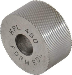 Made in USA - 3/4" Diam, 70° Tooth Angle, 50 TPI, Standard (Shape), Form Type High Speed Steel Left-Hand Diagonal Knurl Wheel - 3/8" Face Width, 1/4" Hole, Circular Pitch, 30° Helix, Bright Finish, Series KP - Exact Industrial Supply