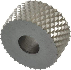 Made in USA - 3/4" Diam, 90° Tooth Angle, 16 TPI, Standard (Shape), Form Type High Speed Steel Male Diamond Knurl Wheel - 3/8" Face Width, 1/4" Hole, Circular Pitch, 30° Helix, Bright Finish, Series KP - Exact Industrial Supply