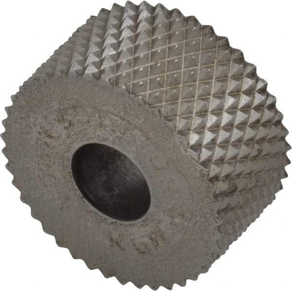 Made in USA - 3/4" Diam, 90° Tooth Angle, 20 TPI, Standard (Shape), Form Type High Speed Steel Male Diamond Knurl Wheel - 3/8" Face Width, 1/4" Hole, Circular Pitch, 30° Helix, Bright Finish, Series KP - Exact Industrial Supply