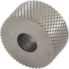 Made in USA - 3/4" Diam, 90° Tooth Angle, 25 TPI, Standard (Shape), Form Type High Speed Steel Male Diamond Knurl Wheel - 3/8" Face Width, 1/4" Hole, Circular Pitch, 30° Helix, Bright Finish, Series KP - Exact Industrial Supply
